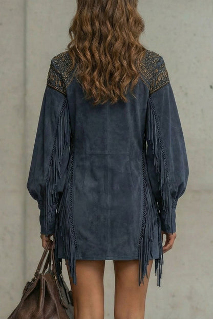 Phoebe | Mini Dress Navy Suede-Effect Fringe Embroidered for Women