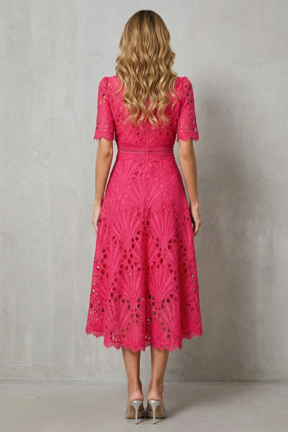 Phoebe | Midi Dress Hot Pink Lace High-Neck A-Line for Women
