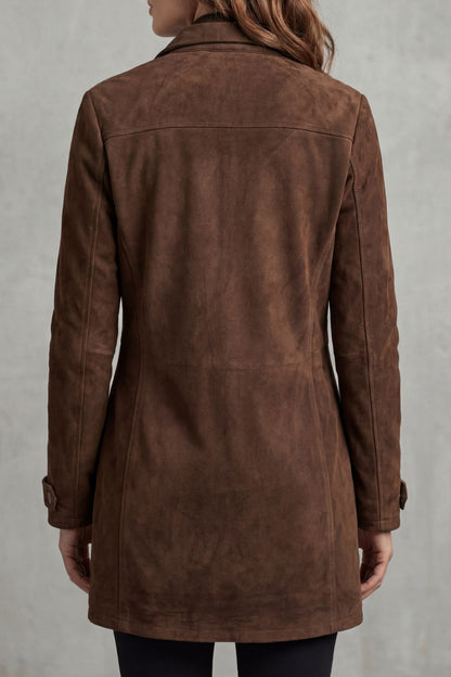 Harriet | Longline Coat Brown Suede Tailored Zip for Women