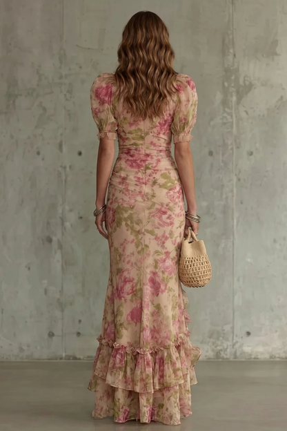 Rosalynn | Maxi Dress Pink Floral Mesh Puff Sleeve Ruched for Women