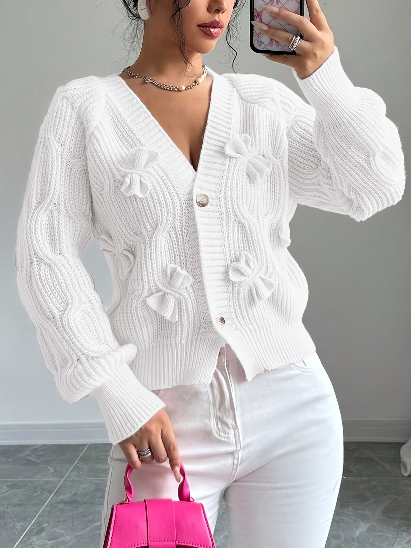 Nerissa | Cardigan Pink Knit Bow-Detail V-Neck for Women