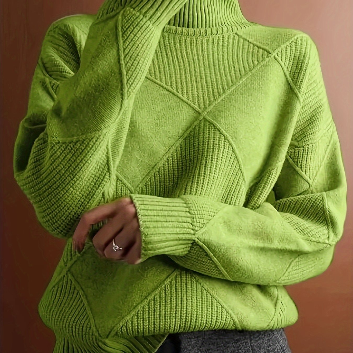 Hebe | Textured Turtleneck Sweater Green Diamond Knit for Women