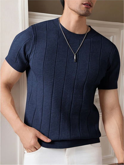 Wilfred | Striped Knit T-Shirt Oatmeal Viscose Ribbed Crew Neck for Men
