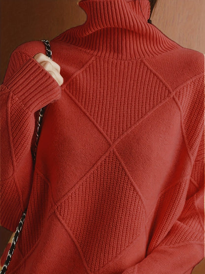 Hebe | Textured Turtleneck Sweater Green Diamond Knit for Women