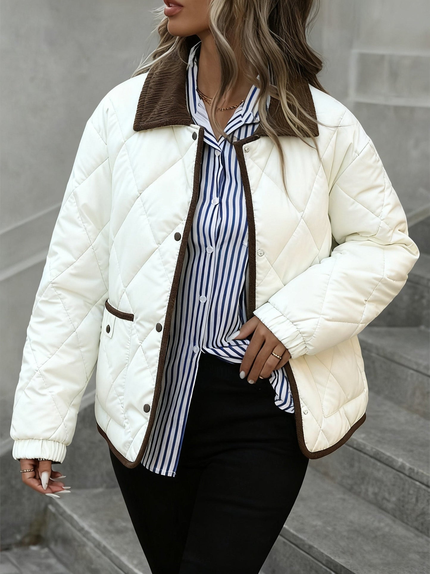 Enid | Quilted Jacket Brown Diamond Padded Corduroy Collar for Women