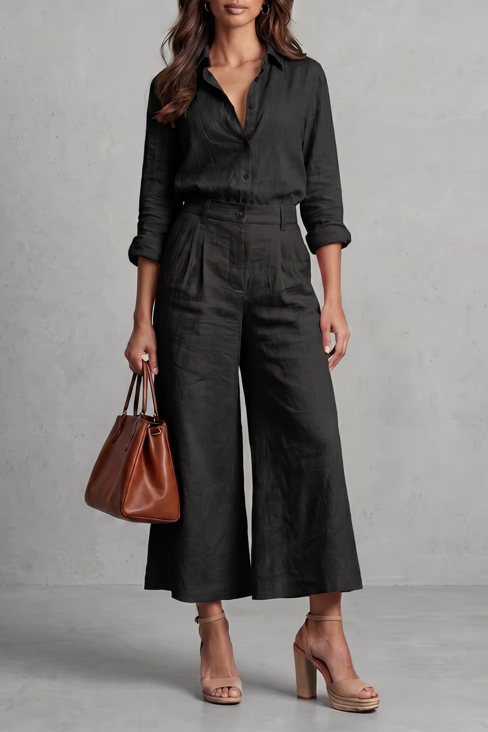 Phoebe | Wide-Leg Co-Ord Set Pink Linen-Effect Long Sleeve for Women