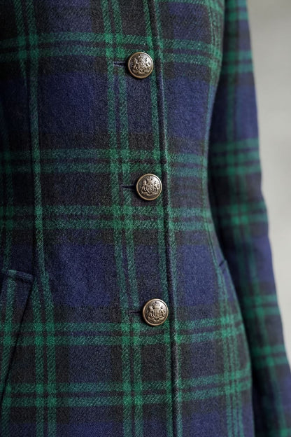 Mabel | Overcoat Navy Green Tartan Wool Blend Stand Collar for Women