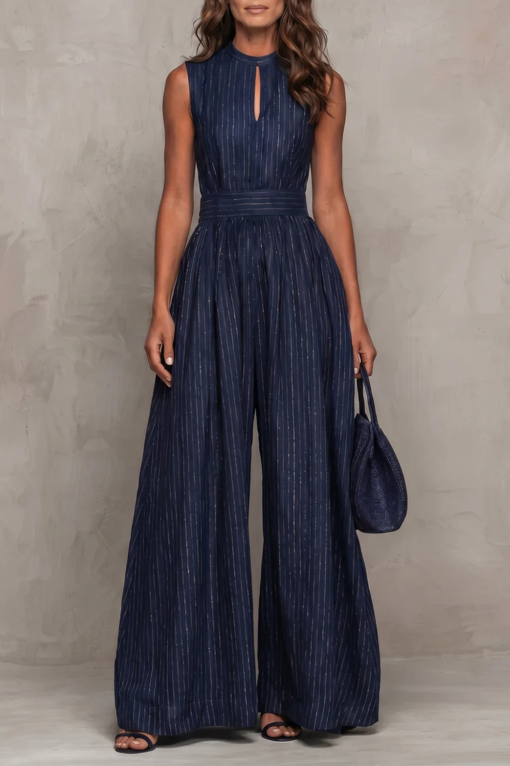 Phoebe | Wide-Leg Jumpsuit Navy Blue Striped Keyhole Sleeveless for Women