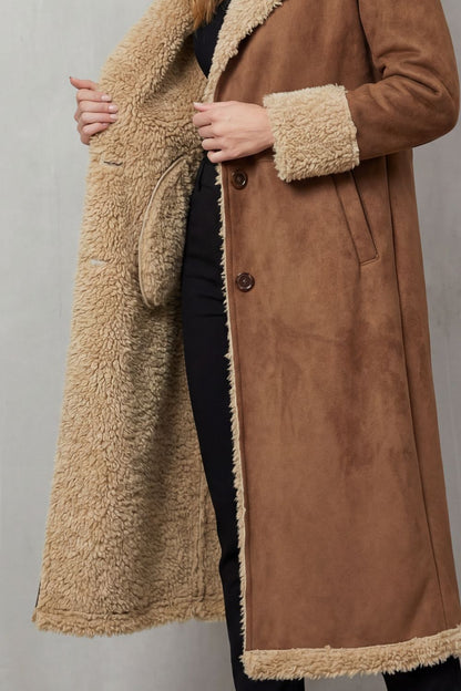 Phoebe | Long Winter Coat Tan Brown Suede Shearling-Lined for Women