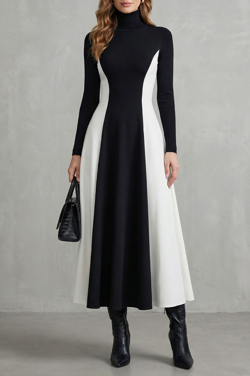 Phoebe | Maxi Dress Burgundy Ivory Colour Block Turtleneck Long Sleeve for Women