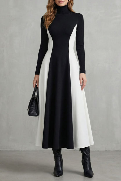 Phoebe | Maxi Dress Burgundy Ivory Colour Block Turtleneck Long Sleeve for Women