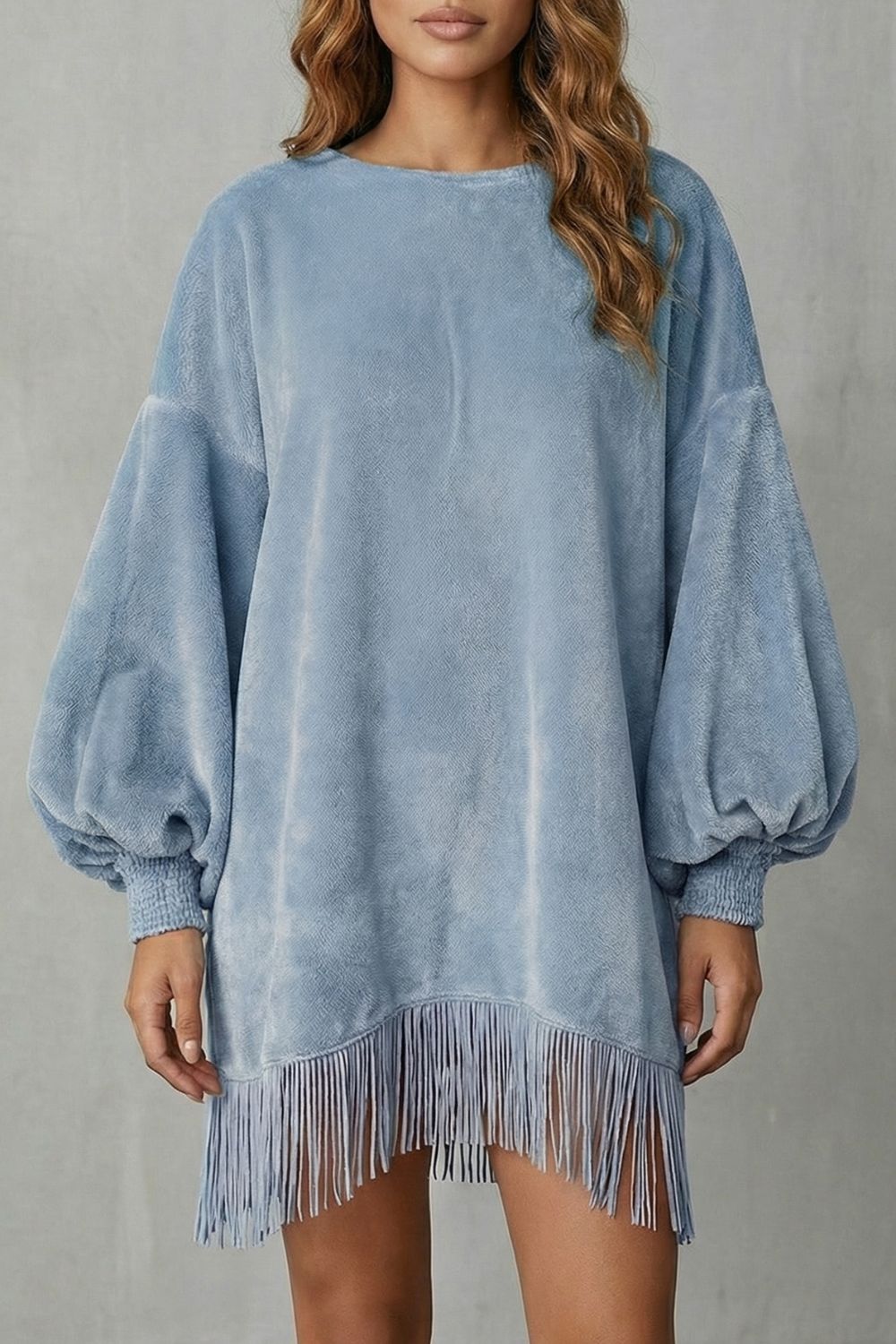 Phoebe | Mini Dress Dusty Pink Velvet Balloon Sleeve Fringe Hem for Women