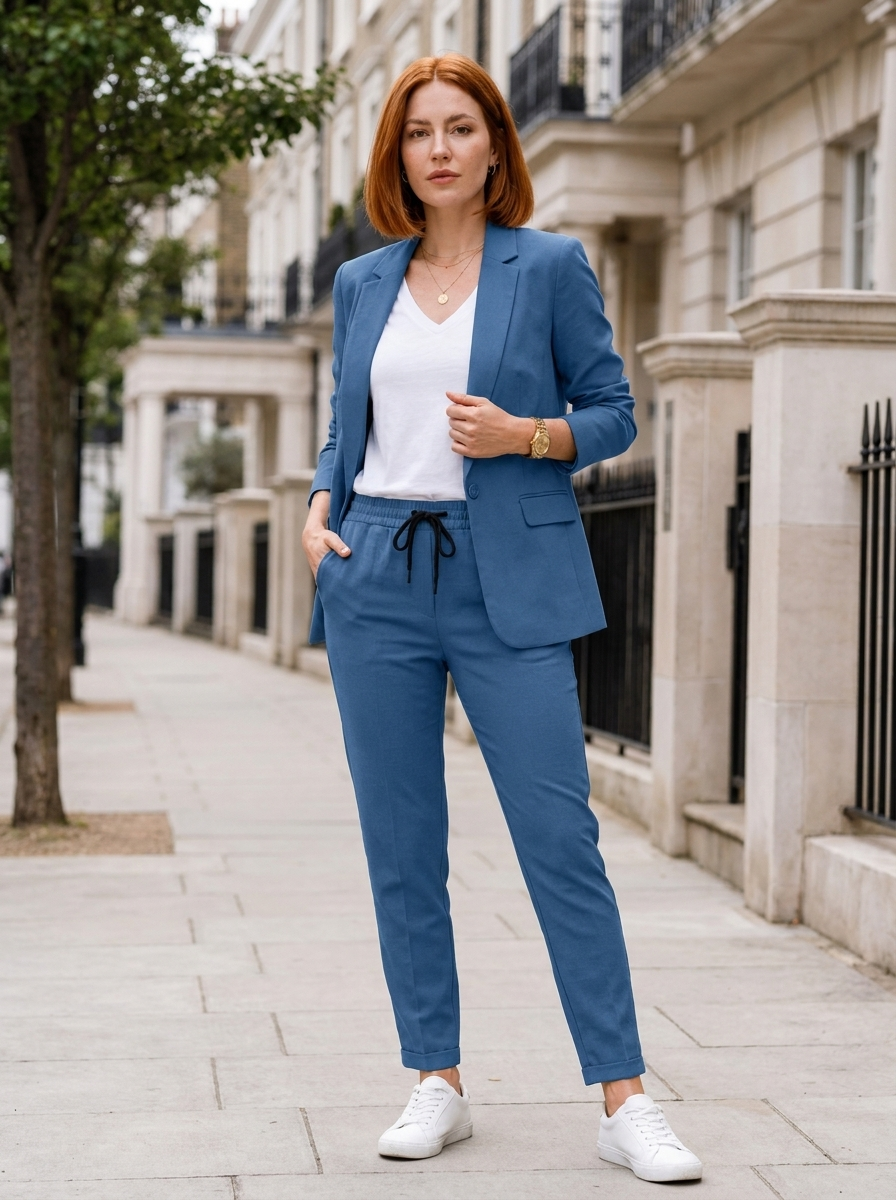 Sophia | Blazer & Jogger Co-ord Set Steel Blue Woven Tailored for Women