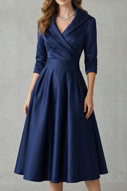 Rosalind | Midi Dress Black Satin A-Line 3/4 Sleeve Wrap Collar for Women