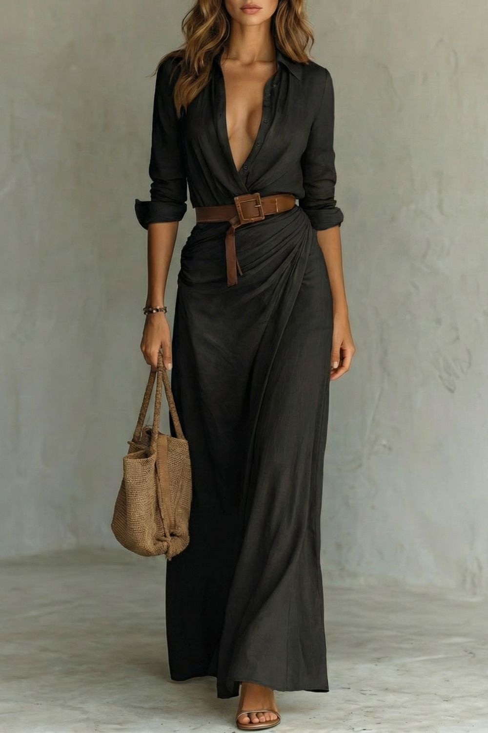 Cassidy | Maxi Shirt Dress Camel Linen-Feel Belted Wrap for Women