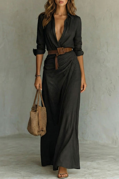 Cassidy | Maxi Shirt Dress Camel Linen-Feel Belted Wrap for Women
