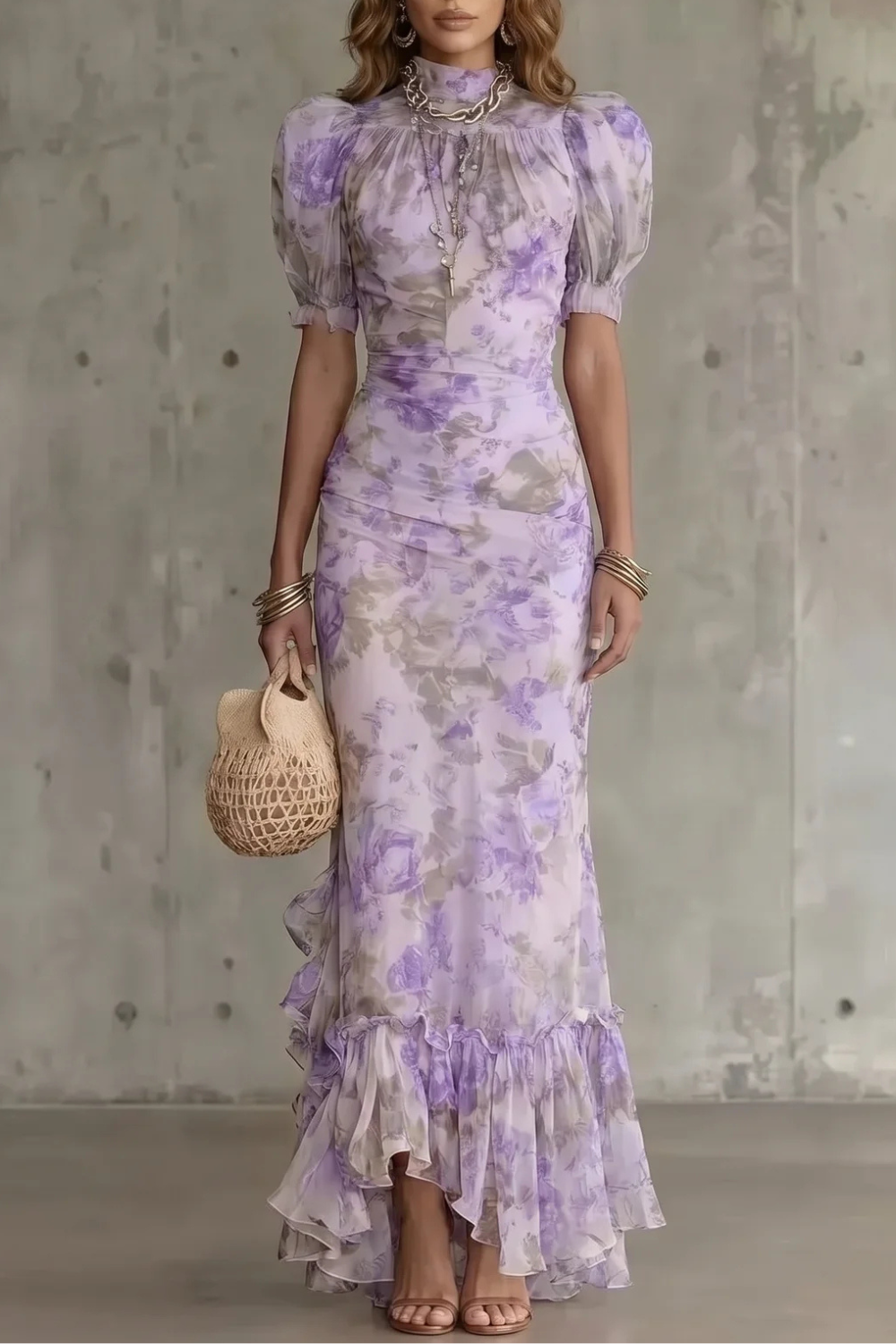 Rosalynn | Maxi Dress Pink Floral Mesh Puff Sleeve Ruched for Women