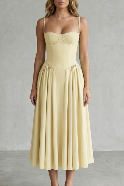 Demelza | Midi Dress Sage Green Structured Corset Pleated for Women