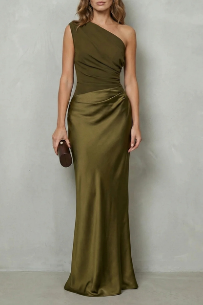 Lavinia | Maxi Evening Dress Chocolate Brown Satin One-Shoulder for Women