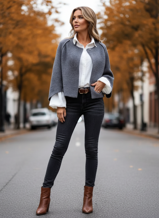 Fleur | Cropped Bolero Jacket Grey Wool-Blend Open Front for Women