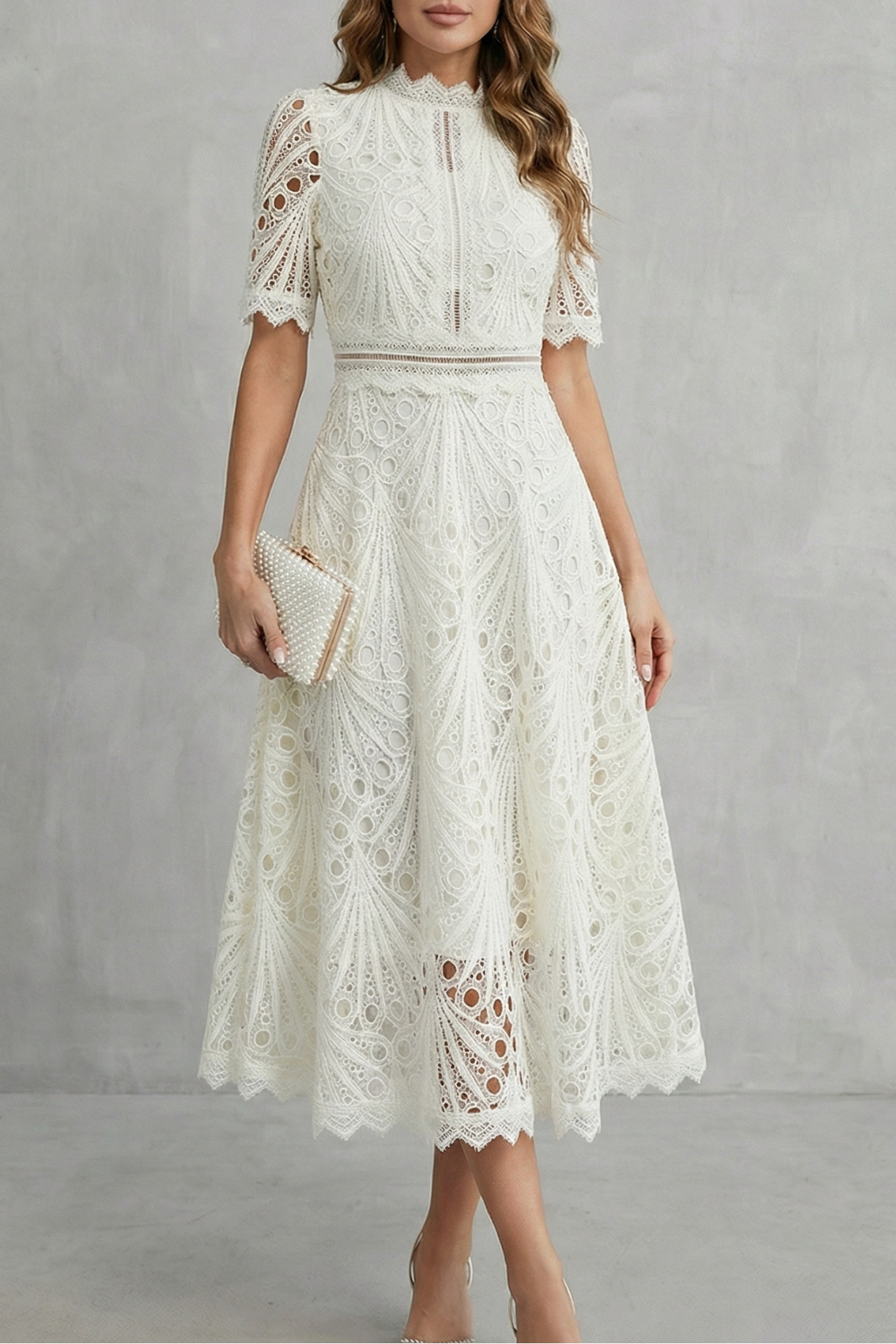 Phoebe | Midi Dress Hot Pink Lace High-Neck A-Line for Women