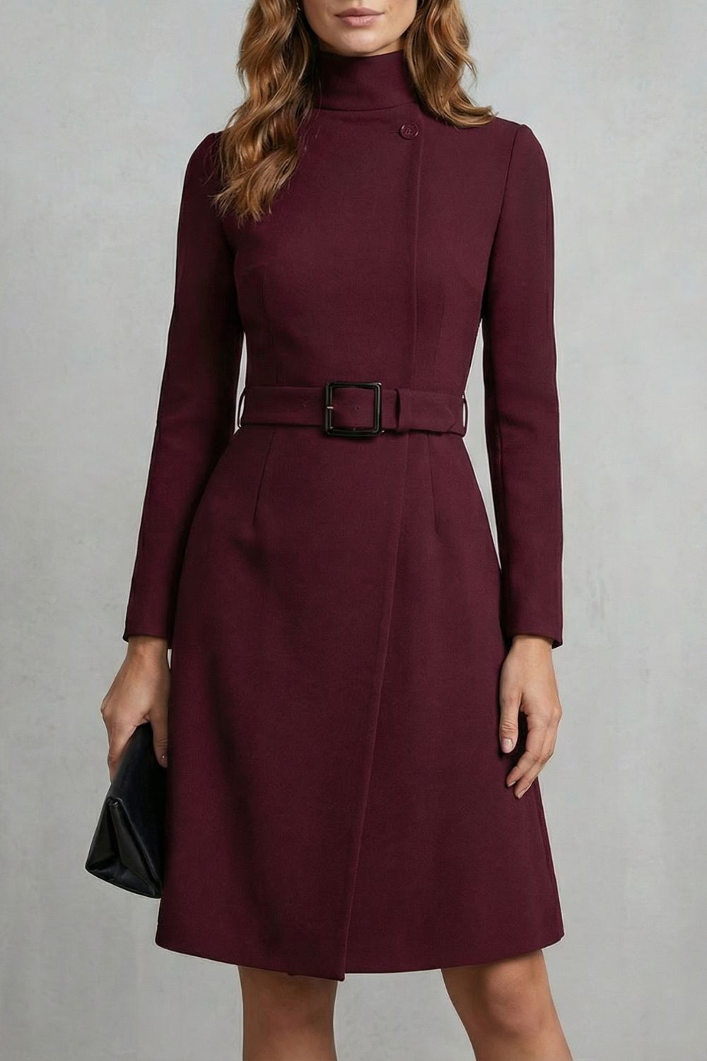 Cecily | Midi Dress Black Crepe A-Line Belted Long Sleeve for Women