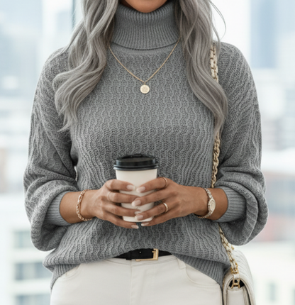Sylvia | Turtleneck Jumper Brown Wool Blend Textured Knit for Women