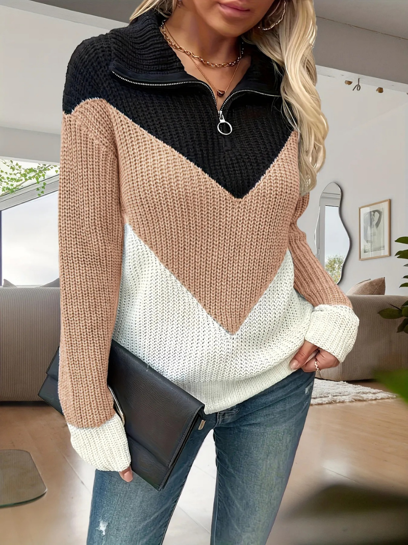 Winona | Colour Block Knit Sweater Black Rust White Quarter-Zip for Women