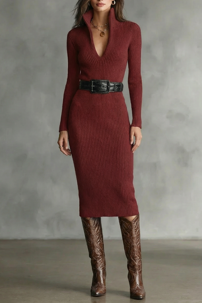 Rosalind | Midi Knit Dress Oatmeal Ribbed V-Neck Long Sleeve for Women