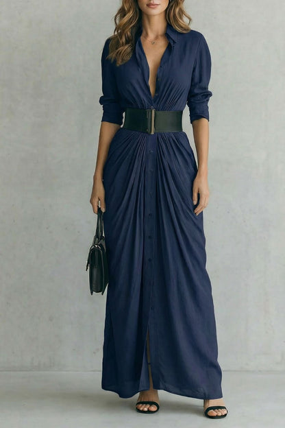 Phoebe | Maxi Shirt Dress Grey Pleated Button-Down Belted for Women