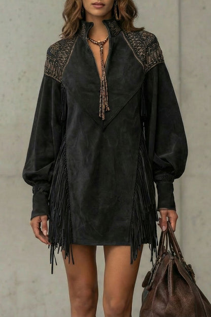 Phoebe | Mini Dress Navy Suede-Effect Fringe Embroidered for Women