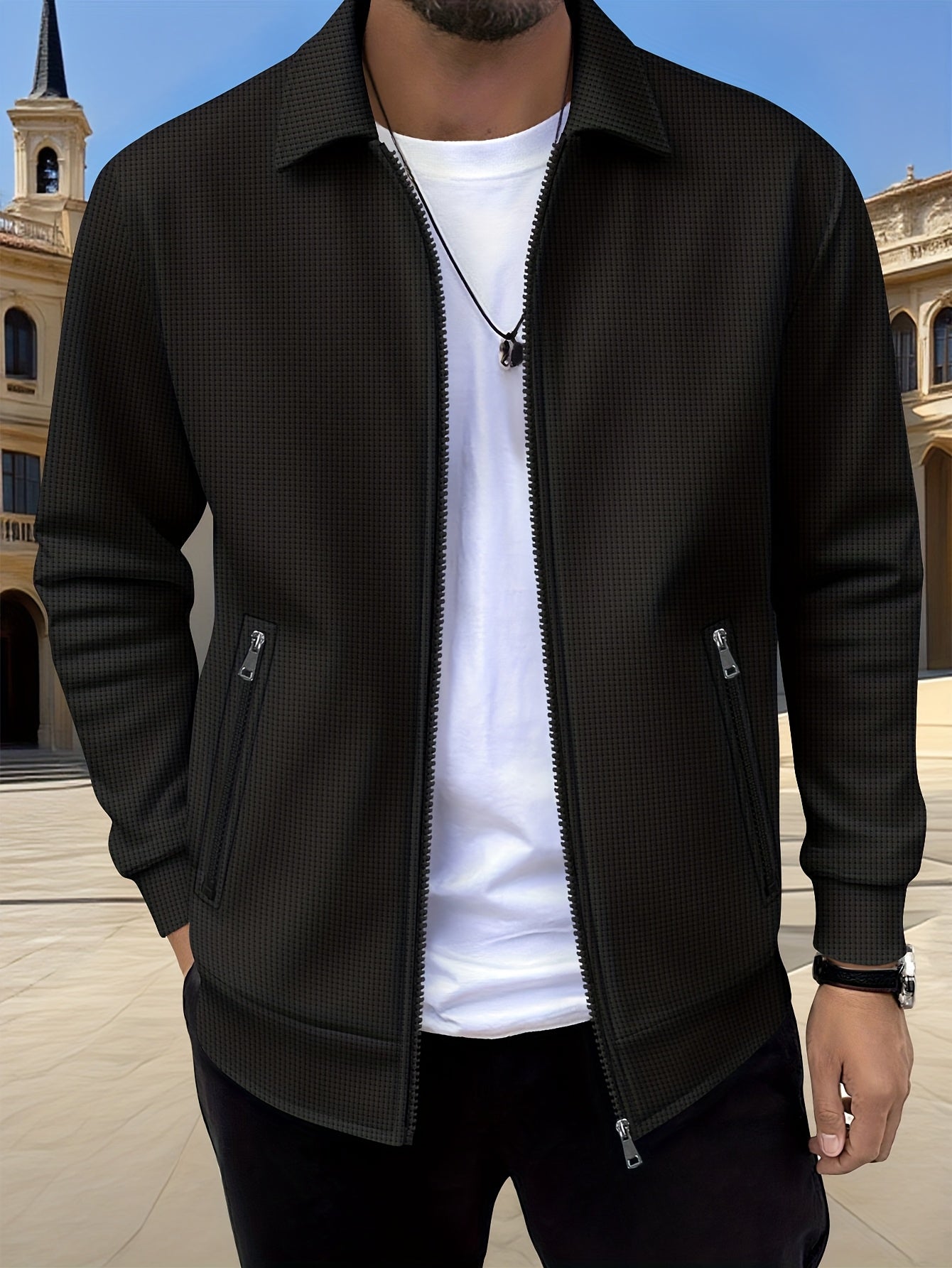 Lachlan | Zip-Up Jacket White Waffle Knit Collared for Men