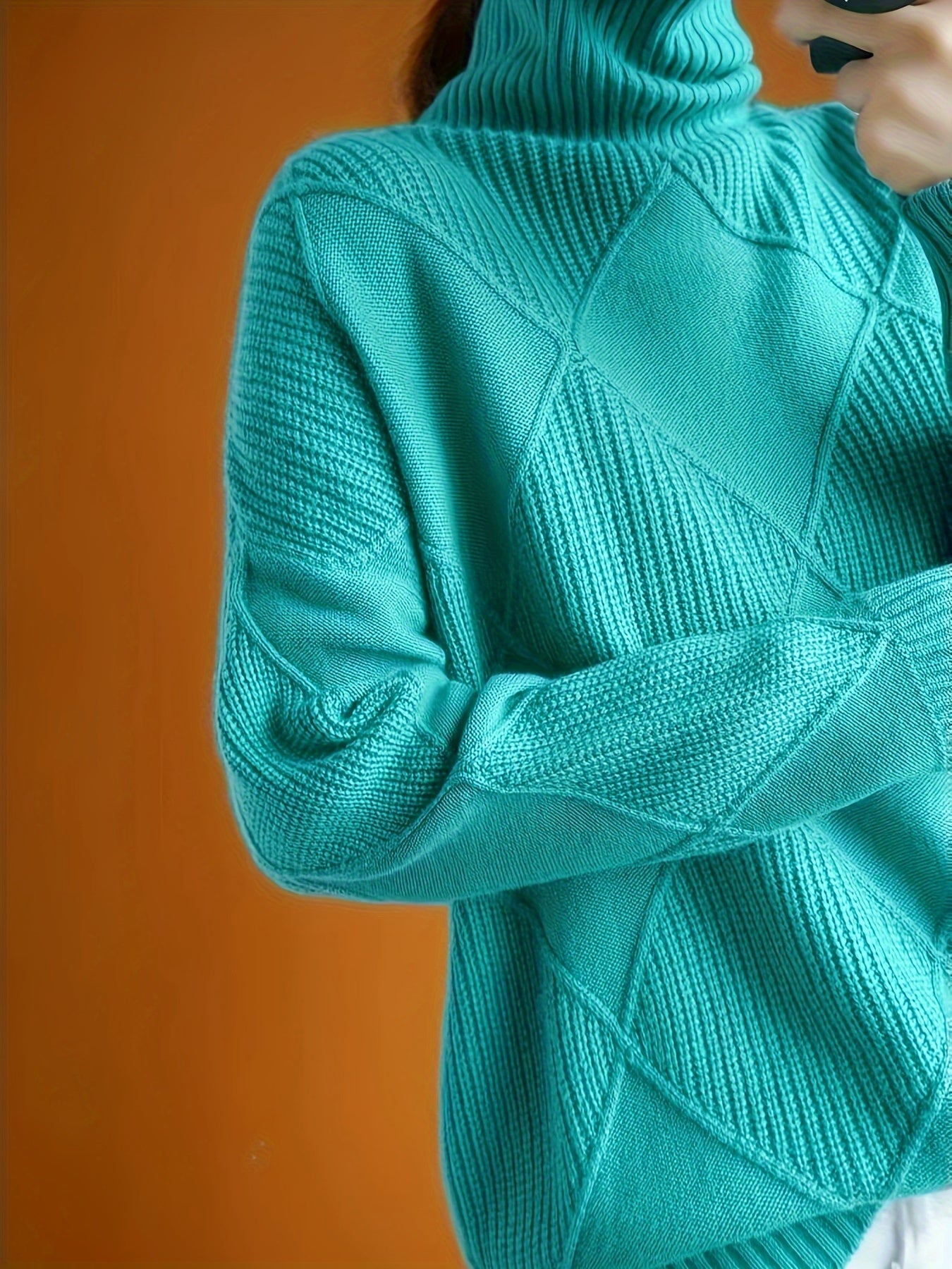 Hebe | Textured Turtleneck Sweater Green Diamond Knit for Women