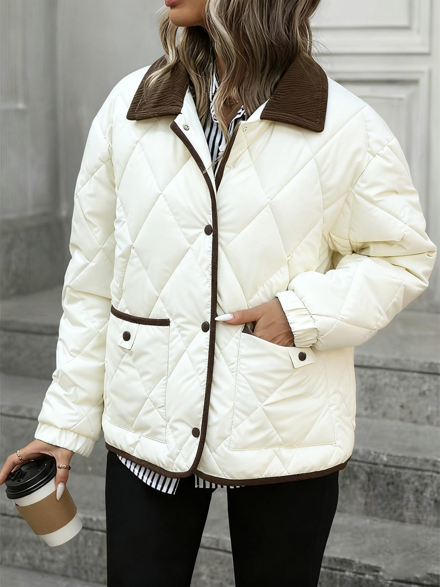 Enid | Quilted Jacket Brown Diamond Padded Corduroy Collar for Women