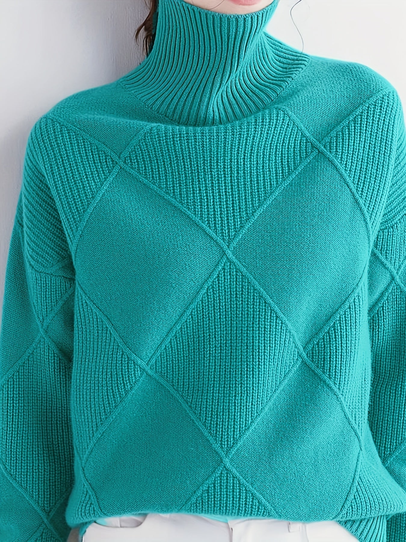 Hebe | Textured Turtleneck Sweater Green Diamond Knit for Women