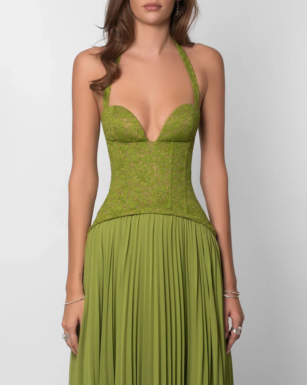 Annabell | Maxi Formal Dress Olive Green Lace Chiffon Halter Neck for Women