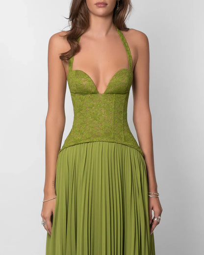 Annabell | Maxi Formal Dress Olive Green Lace Chiffon Halter Neck for Women