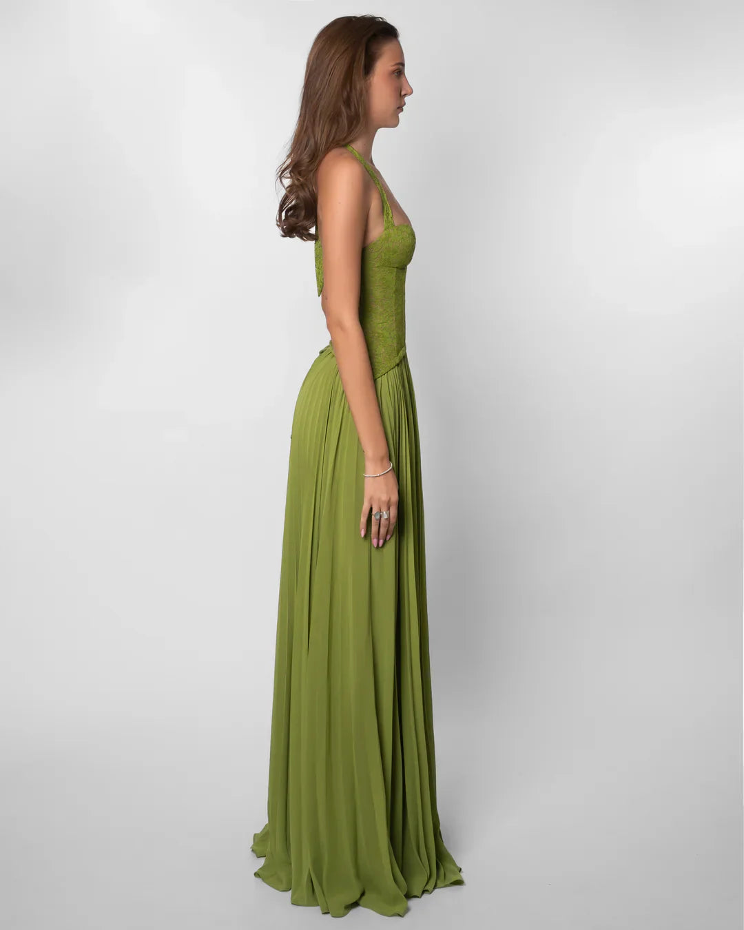 Annabell | Maxi Formal Dress Olive Green Lace Chiffon Halter Neck for Women