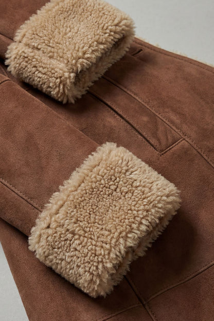 Phoebe | Long Winter Coat Tan Brown Suede Shearling-Lined for Women