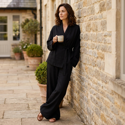 Hermione | Linen Co-ord Set Natural Wide-Leg Wrap Top & Trousers for Women