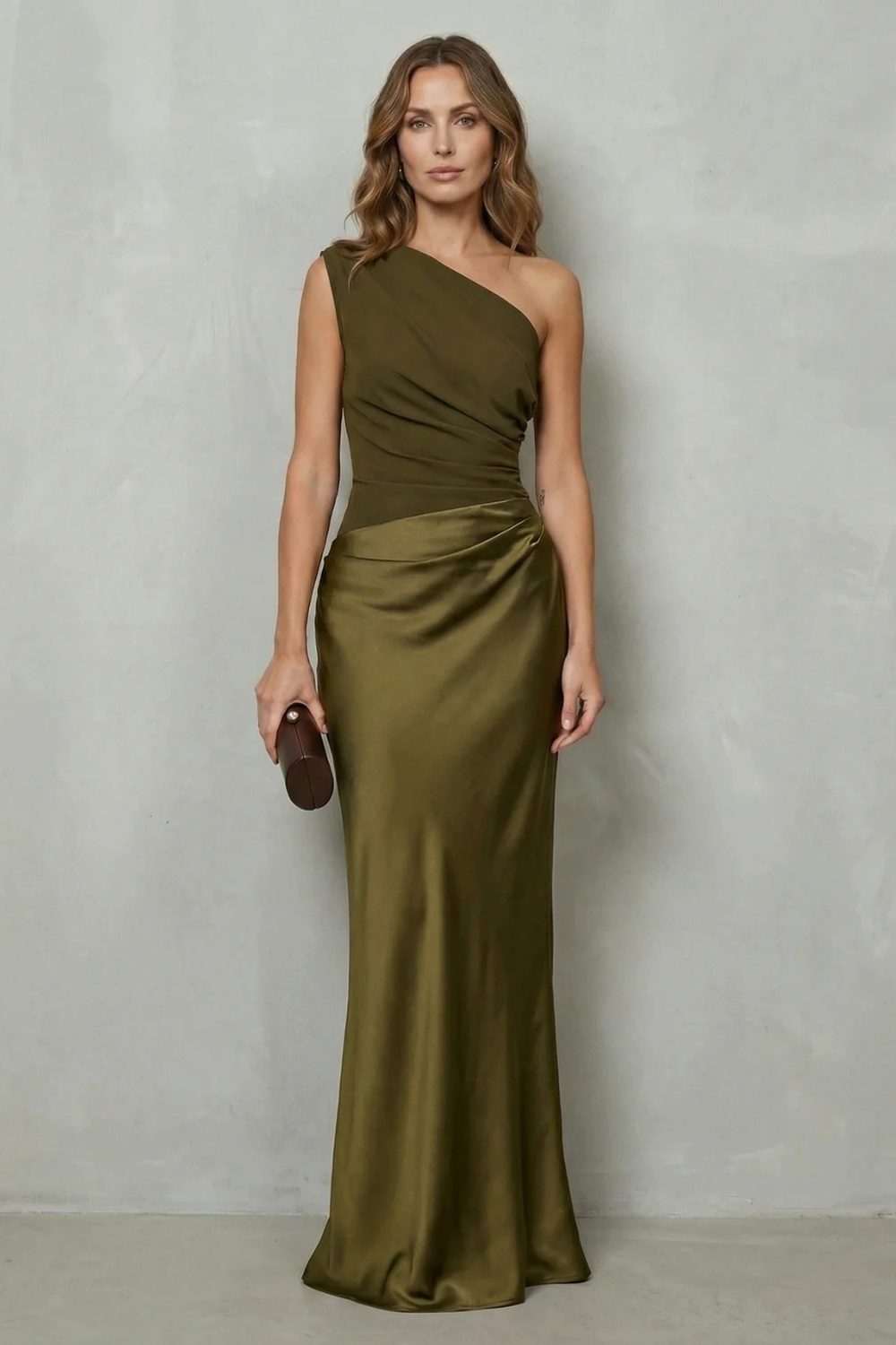 Lavinia | Maxi Evening Dress Chocolate Brown Satin One-Shoulder for Women