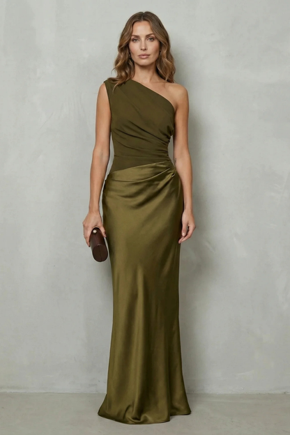 Lavinia | Maxi Evening Dress Chocolate Brown Satin One-Shoulder for Women