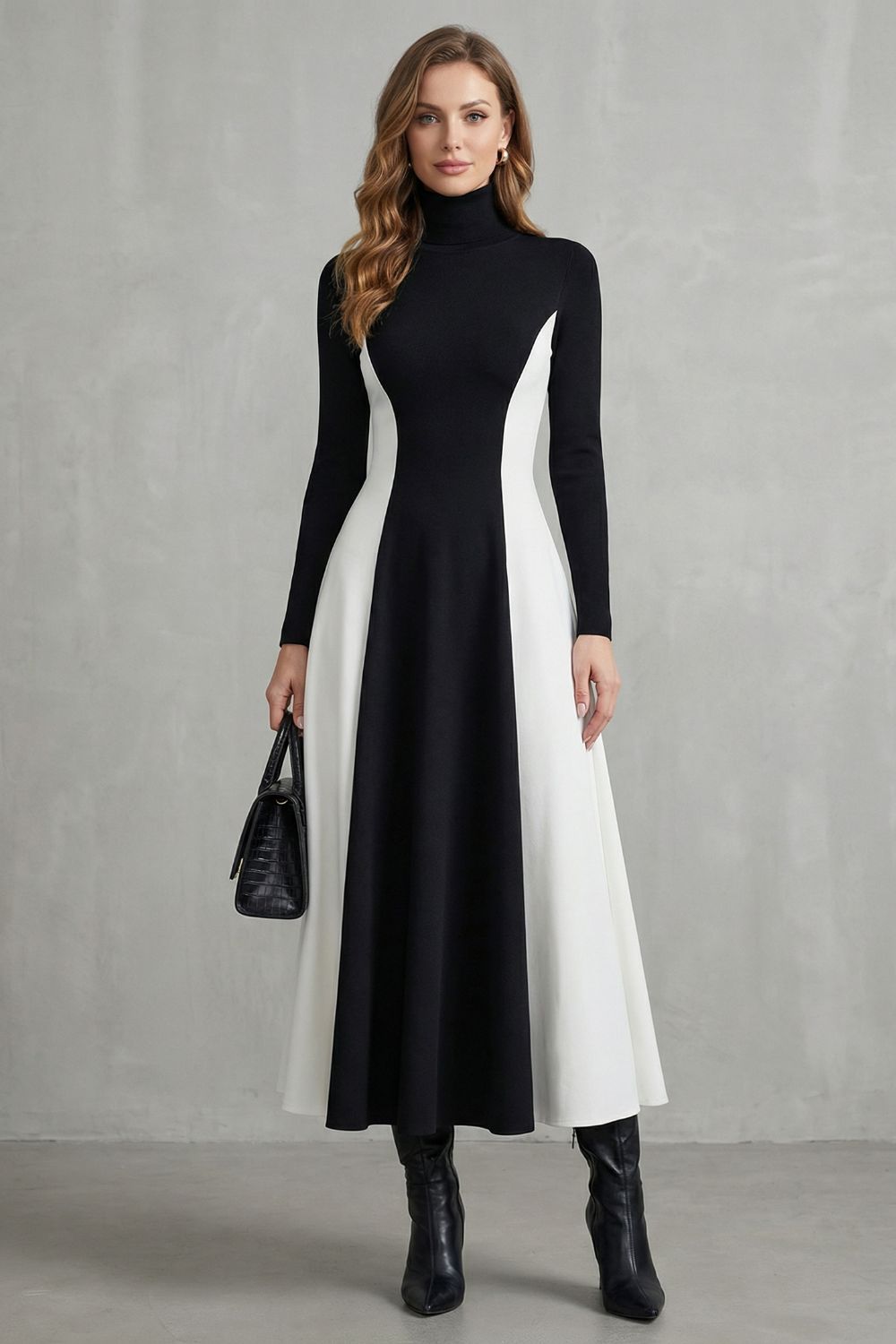 Phoebe | Maxi Dress Burgundy Ivory Colour Block Turtleneck Long Sleeve for Women