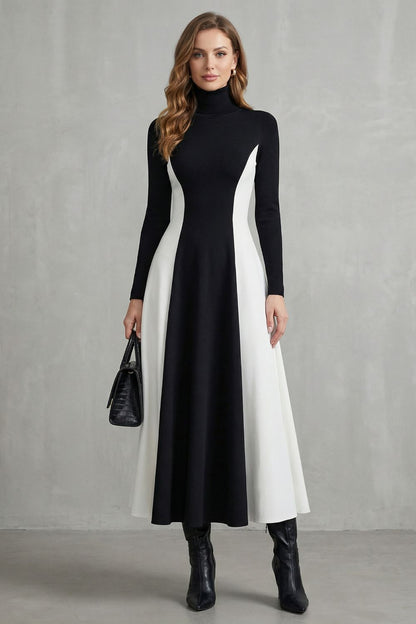 Phoebe | Maxi Dress Burgundy Ivory Colour Block Turtleneck Long Sleeve for Women