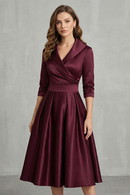 Rosalind | Midi Dress Black Satin A-Line 3/4 Sleeve Wrap Collar for Women
