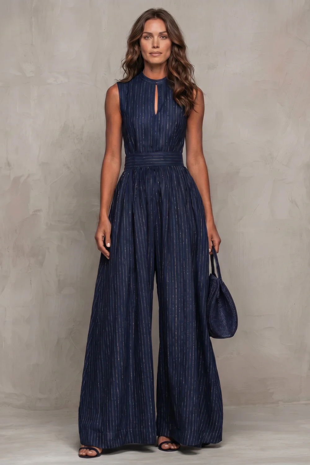 Phoebe | Wide-Leg Jumpsuit Navy Blue Striped Keyhole Sleeveless for Women