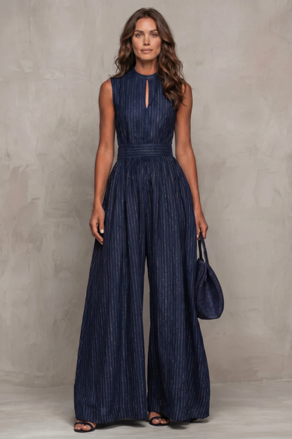 Phoebe | Wide-Leg Jumpsuit Navy Blue Striped Keyhole Sleeveless for Women