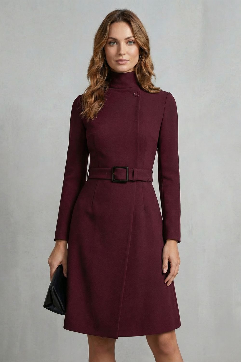 Cecily | Midi Dress Black Crepe A-Line Belted Long Sleeve for Women