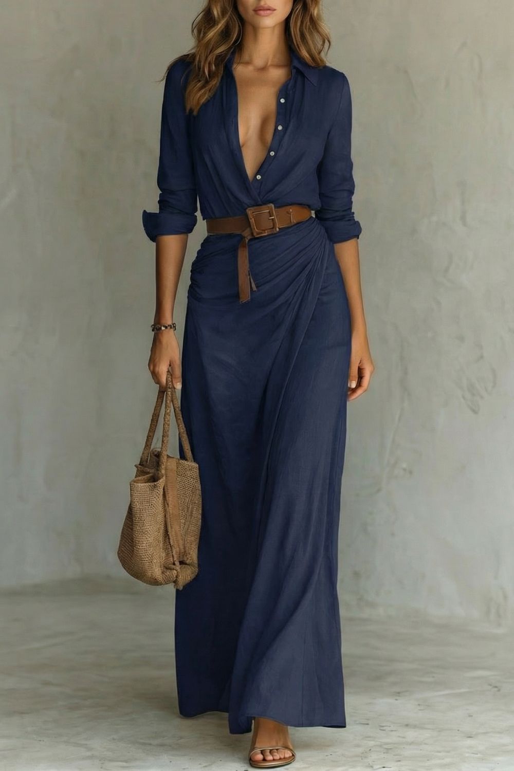 Cassidy | Maxi Shirt Dress Camel Linen-Feel Belted Wrap for Women
