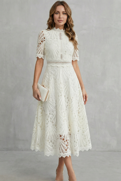 Phoebe | Midi Dress Hot Pink Lace High-Neck A-Line for Women